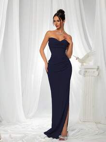 VIPGIRL Elegant Bridesmaid Dress: Strapless Flattering Fitted Satin Gown With Corset Bodice & Draped Waist – Minimalist Luxury Formal Evening Wear, Wedding Guest Outfit - Navy Blue - View 1