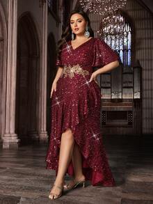 Glamorous Curve Women Sequins Formal Dress Appliques Evening Gown Plus Size Asymmetrical Hem Flounce Sleeve Party Prom Dresses