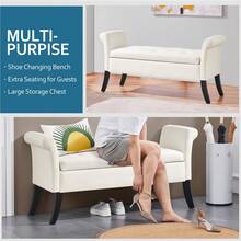 Butterslay 1pc Modern Tufted Storage Bench With Rubebr Wood Legs, Fabric Shoes Stool With Rolled Arms, For Entryway, Shop, Bar - Trắng tươi - Xem 2