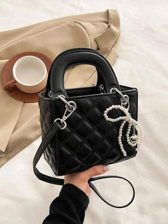 1个PU纯色菱形图案手提包/单肩包，时尚女士日常手提包