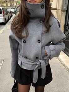 Vintage Style Solid Color Double-Breasted High Collar Women Jacket, Commuter Women Coat For Autumn/Winter Spring - Light Grey - View 5