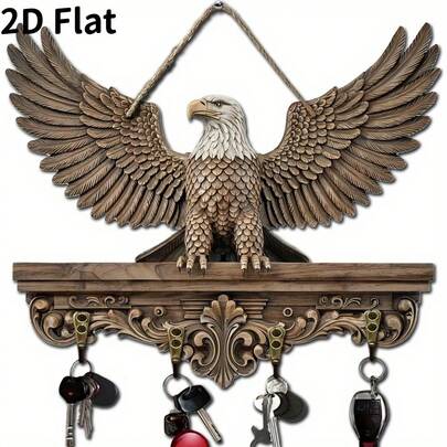 2D Flat, Vintage Eagle Wooden Key Holder With 4 Metal Hooks, Wall Decoration For Home, Porch And Room - Suitable For Villa And Seasonal Home Decor, Key Storage Box | Decorative Key Rack | Wooden Structure, Eagle Decoration, 2D Flat