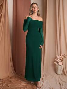 PARTHEA Elegant Party Solid Color Off-Shoulder Mesh Maxi Dress - Dark Green - View 6