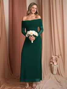 PARTHEA Elegant Party Solid Color Off-Shoulder Mesh Maxi Dress - Dark Green - View 8