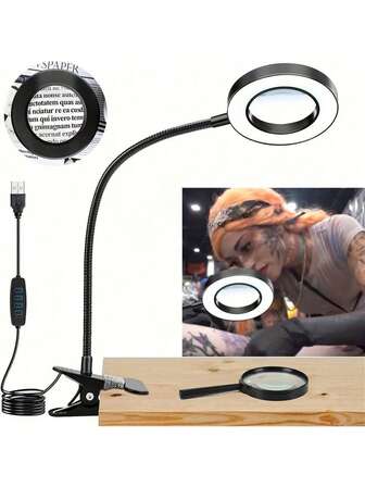 Adjustable LED Tattoo Magnifier Lamp With 5D Magnifying Glass,Professional Dimmable 3 Color Modes Desk Lamp With 67" Flexible Gooseneck & Universal Clip-On Base For Tattoo Artists, Reading, Electronics Repair, Office Work & Fine Crafts ,Perfect Gift For Christmas & Father's Day