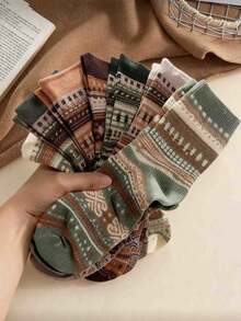 5 Paar Vintage-Stil warme Diamantmuster vielseitige Socken, zufällige Auswahl, Freizeitbekleidung oder Geschenk für Männer und Frauen, Herbst/Winter - Verschiedenfarbig - Übersicht 1