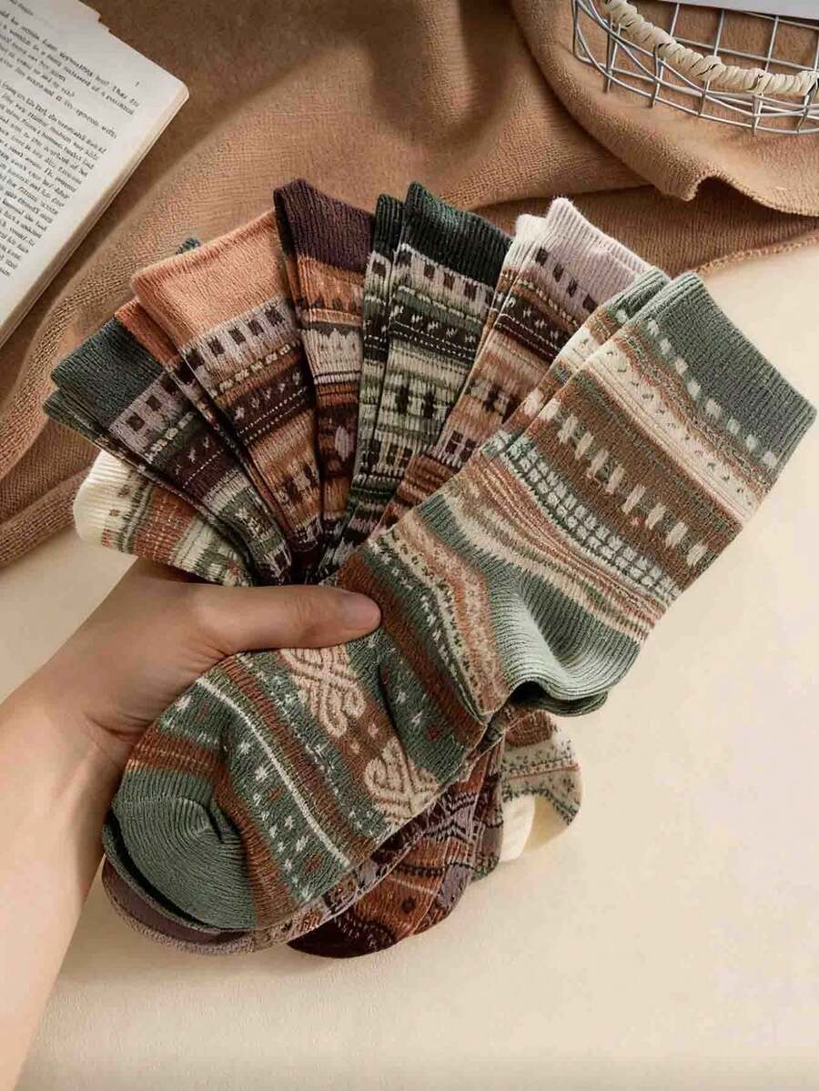 5 Paar Vintage-Stil warme Diamantmuster vielseitige Socken, zufällige Auswahl, Freizeitbekleidung oder Geschenk für Männer und Frauen, Herbst/Winter - Verschiedenfarbig - Übersicht 1