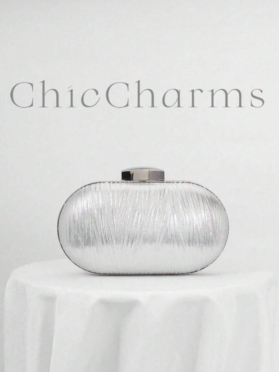 Elegant Leaf Pattern Pleated Box-Shaped Evening Bag, Women's Fashion Handbag Suitable For Weddings, Parties, And Galas. High-Quality Chain Shoulder/Crossbody Bag - Silver - View 1