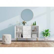 Elegante Kommode mit Rautenmuster – Weißes Sideboard mit 3 Schubladen & 2 Türen, Goldfüße, 120*40*80 cm, Modernes Design für Wohnzimmer, Flur oder Schlafzimmer - Blanc - Voir 4
