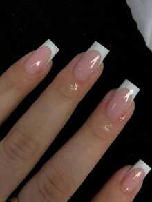 24 片中长方形按压指甲经典百搭柔和白色法式边缘优雅日常 DIY 珠宝假指甲，含 1 块果冻胶和 1 条锉条美甲用品