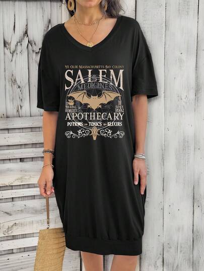 Spring And Summer Plus Size Women Casual Short-Sleeved Dress Pocket T-Shirt Dress Loose, Comfortable And Versatile Printed V-Neck Mid-Length Skirt