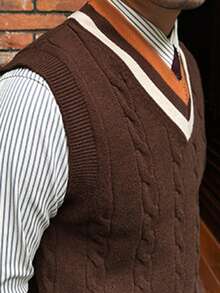男士学院风拼接麻花针织V领毛衣背心，秋冬款 - 棕色 - 查看 3