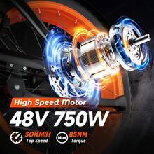 Electric Bike For Adults, 750W Motor 50KMH, 48V 16Ah Battery, 20" Fat Tire Full Suspension Mountain Bicycle, 7 Speed Ebikes - 橘色 - 查看 2