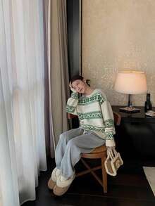 复古圣诞系列费尔岛毛衣设计撞色女式毛衣 - 綠色 - 查看 5