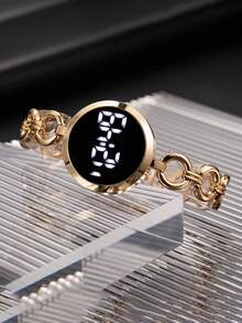 1pc Women's Fashion Digital Dial Fishscale Steel Band Rectangular Rhinestone Electronic Watch, Suitable For Daily Matching, Birthday, Gift For Women, Anniversary, Year-End Promotion, Singles Day, Halloween Promotion, No Gift Box - Gold - View 5