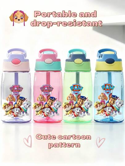 Paw Patrol 1 pieza Botella de agua para niños con diseño de dibujos animados de , de 16 onzas con asa y pajita de silicona, tapa a prueba de fugas, 4 colores, adecuada para volver a la escuela, trabajo, deportes al aire libre, viajes, cumpleaños, Acción de Gracias, graduación, regalos del Día de San Valentín