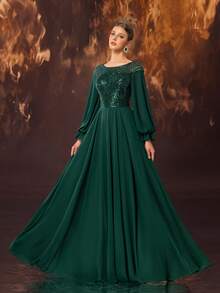 YISIKADO Elegantes Maxikleid für Damen mit Pailletten-Verzierung, weitem Saum und rundem Ausschnitt - Dunkelgrün - Übersicht 4