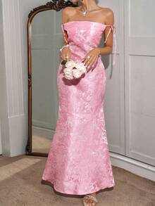 Look Polly 女装复活节演唱会独立日晚宴婚礼法式优雅性感显瘦优雅气质风细肩带蝴蝶结提花花朵长裙婚礼女装茶会女装性感女装长款春装薄荷绿 - 粉色 - 查看 8