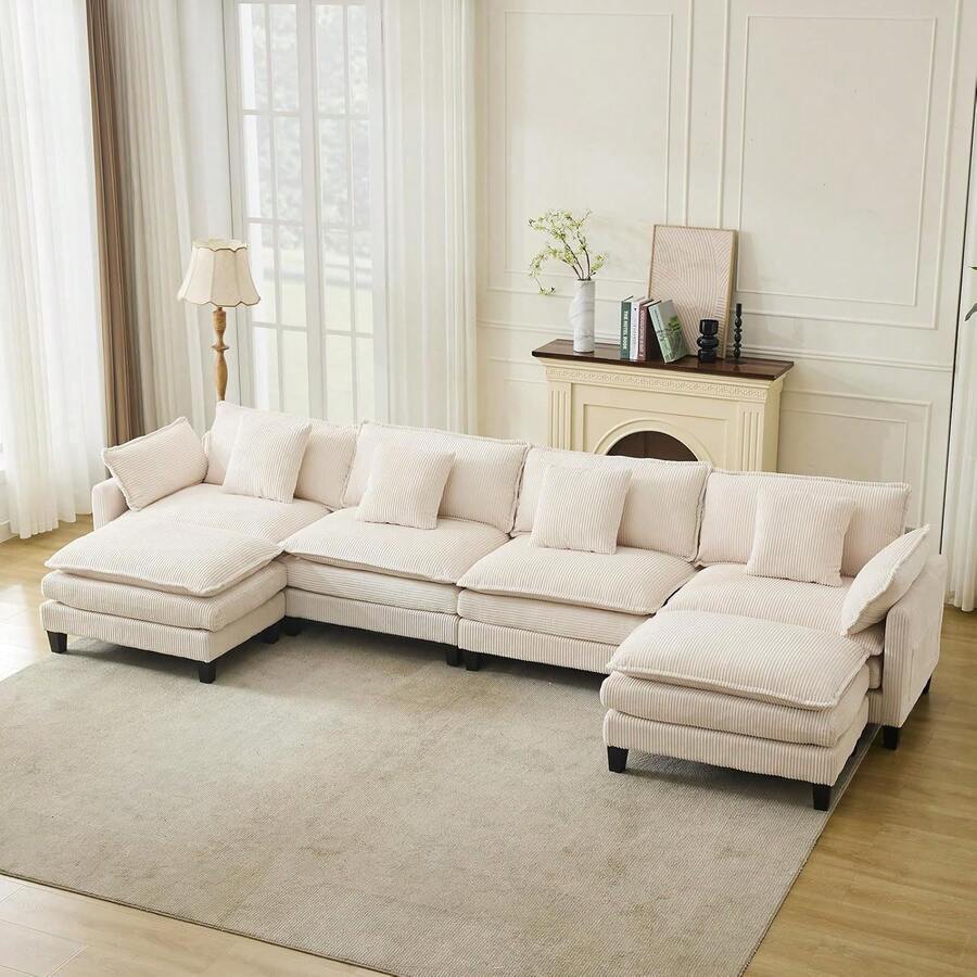 3-Seater Modular Sectional Sofa With 2 Ottomans, Corduroy Deep Seat Couch, Double Layer Cushion, Plush Backrest & Armrest Pillow, Cozy Cloud Couch For Living Room Apartment  146.5" L Modular Sectional Sofa With Ottoman, Corduroy Cloud Couch U-Shaped, Deep Seat Comfy Couch For Living Room, Movable Ottoman & Pillows  112 In U Modular Sectional Sofa, Corduroy Cloud Couch With Movable Ottoman & Throw Pillows, Modern L/U-Shaped Sofa, Comfy Deep Seat Couch For Living Rooms, Offices, Bedroom And Apartment - Màu be-146,5"-Hình chữ U 4 chỗ ngồi - Xem 1