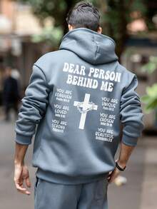 男士休闲街头连帽衫，饰有十字架元素和英文标语印花，秋冬款 - 淺藍色 - 查看 2