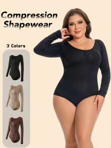1pc Women's Long Sleeve Shapewear, Round Neck Basic Style, Tummy Control & Butt Lifting Bodysuit