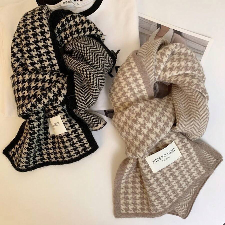 New Korean Version Classic Houndstooth Double-Sided Scarf For Women, Autumn And Winter Warm Fashion Knitted Neck Warmer, Versatile Couple - 千鳥個-咖色 - 查看 1