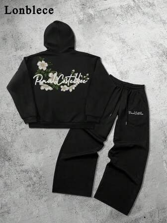 2件套印花街头风休闲宽松连帽卫衣套装，日美风格