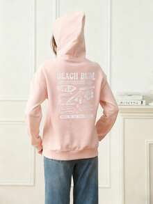 Tween Girl Students Casual Faux Velvet Hooded Print Sweatshirt, For Spring Autumn Winter - Pink - View 2