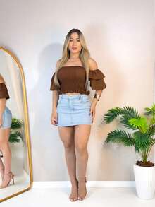Simple Ruffle Hem Pleated Gathered - Rust Brown - View 5