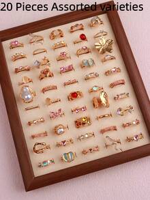 20Pcs/Set Fashion Elegant Pink Rhinestone Girl Rings Set Irregular Design Rabbit Bow Mixed Style Jewelry Daily Party Friends Gifts Accessories