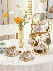 20-Piece Floral Porcelain Tea Set With Serving Tray - Elegant Purple Teapot (15oz) & Matching Tea Cups (3oz) With Saucers, Complete Afternoon Tea Party Collection For Adults, Home Decor, Hostess & Holiday Gift,Valentine's Day Gifts Christmas Gifts - 紫色 - 查看 1