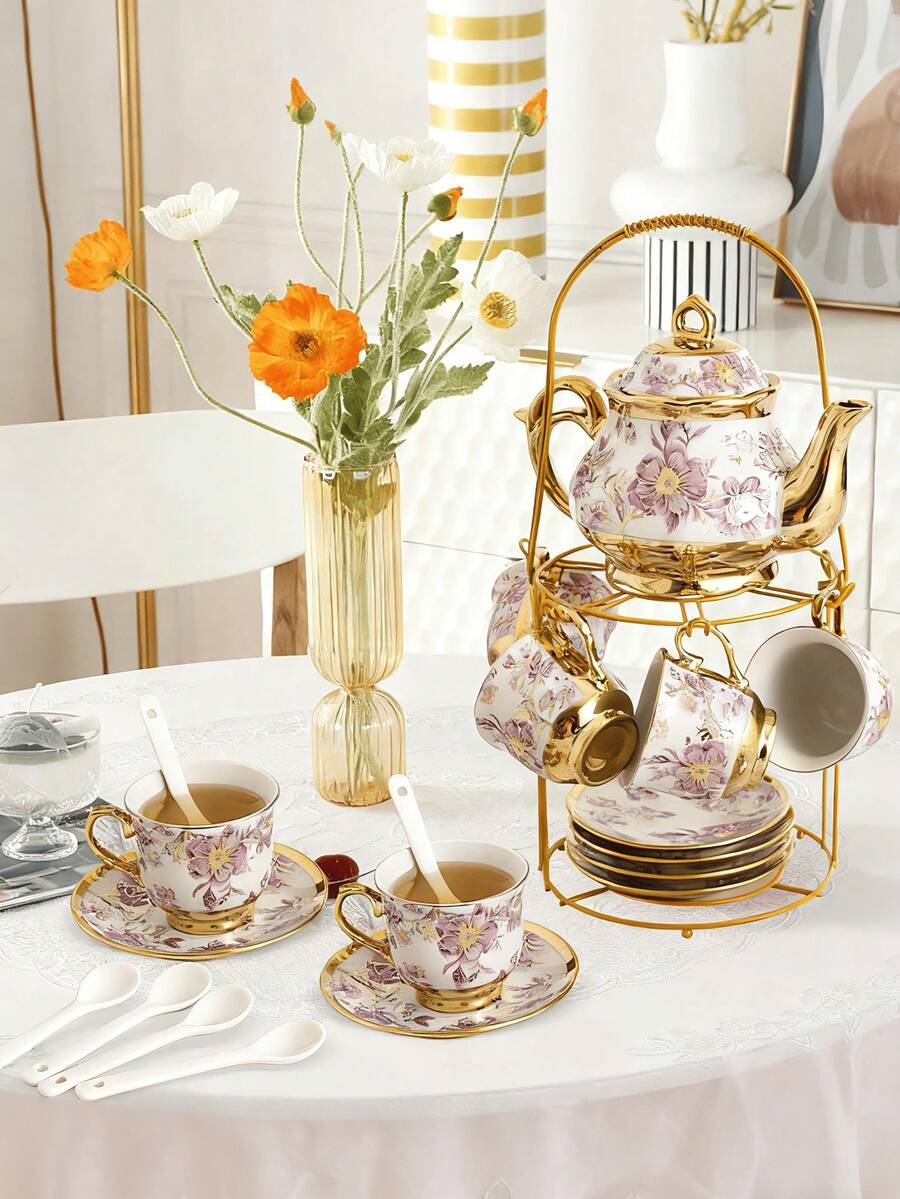20-Piece Floral Porcelain Tea Set With Serving Tray - Elegant Purple Teapot (15oz) & Matching Tea Cups (3oz) With Saucers, Complete Afternoon Tea Party Collection For Adults, Home Decor, Hostess & Holiday Gift,Valentine's Day Gifts Christmas Gifts - 紫色 - 查看 1