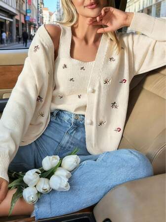 Conjunto de 2 piezas de suéter casual de estilo francés para mujer con manga larga, botones redondos y bordado floral, holgado y de punto, para otoño/invierno 2025