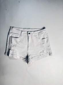 大码女式休闲纯色破洞短裤 白色 夏季 - 白色 - 查看 5