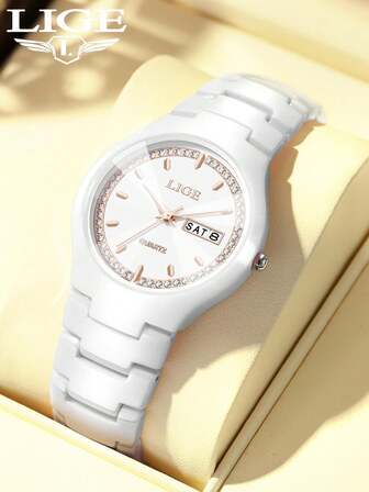  LIGE新款优雅女士腕表，陶瓷表带，防水方形石英表，商务日常休闲腕表，送给朋友、女友和母亲的礼物