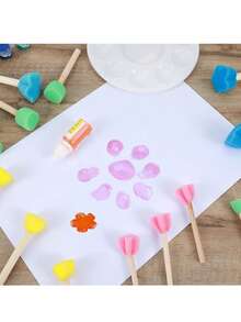 4/10/12件套，5个彩色花朵形状海绵印章套装，带木柄——非常适合DIY绘画和手工制作，海绵画笔套装，圆形花朵海绵刷适用于美术课丙烯画，泡沫模具刷 - 彩色 - 查看 3