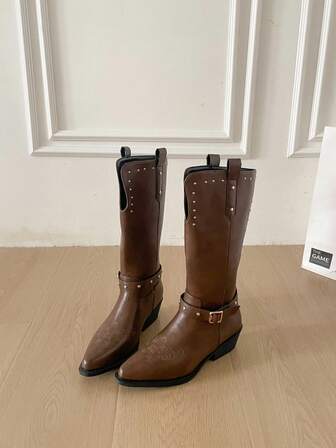 Women's Patent Leather Retro Embroidery Texture Leather Boots, Autumn And Winter Thick-Soled Pointed Knee-High Boots, Rivets, Buckles, Western-Style Boots