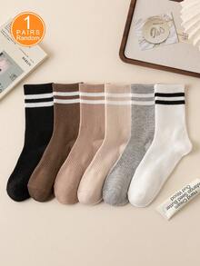 6 Pairs Women's Striped Business & Casual Socks With Elastic Band, Soft, Comfortable, Fashionable & Elegant Mid-Calf Socks For Daily Wear