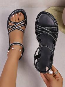25 Years Women's Summer New Black Base Rhinestone Criss-Cross Strap Casual Commute Sandals, Elegant For Dining Out And Dating, Flat - Black - View 7