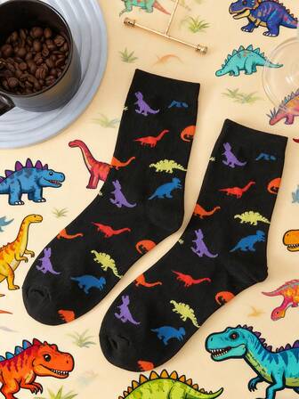 1双可爱卡通彩色恐龙涂鸦女式船袜