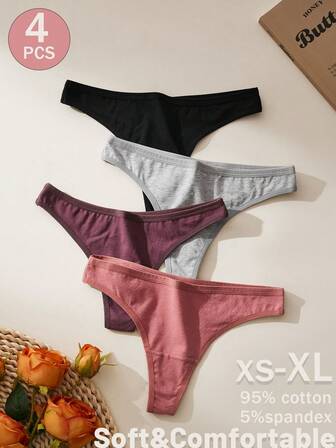 4pcs Solid Color Comfortable Breathable Casual Sports Yoga Everyday Sexy Women's Thong Panties