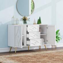 Elegante Kommode mit Rautenmuster – Weißes Sideboard mit 3 Schubladen & 2 Türen, Goldfüße, 120*40*80 cm, Modernes Design für Wohnzimmer, Flur oder Schlafzimmer - Blanc - Voir 2