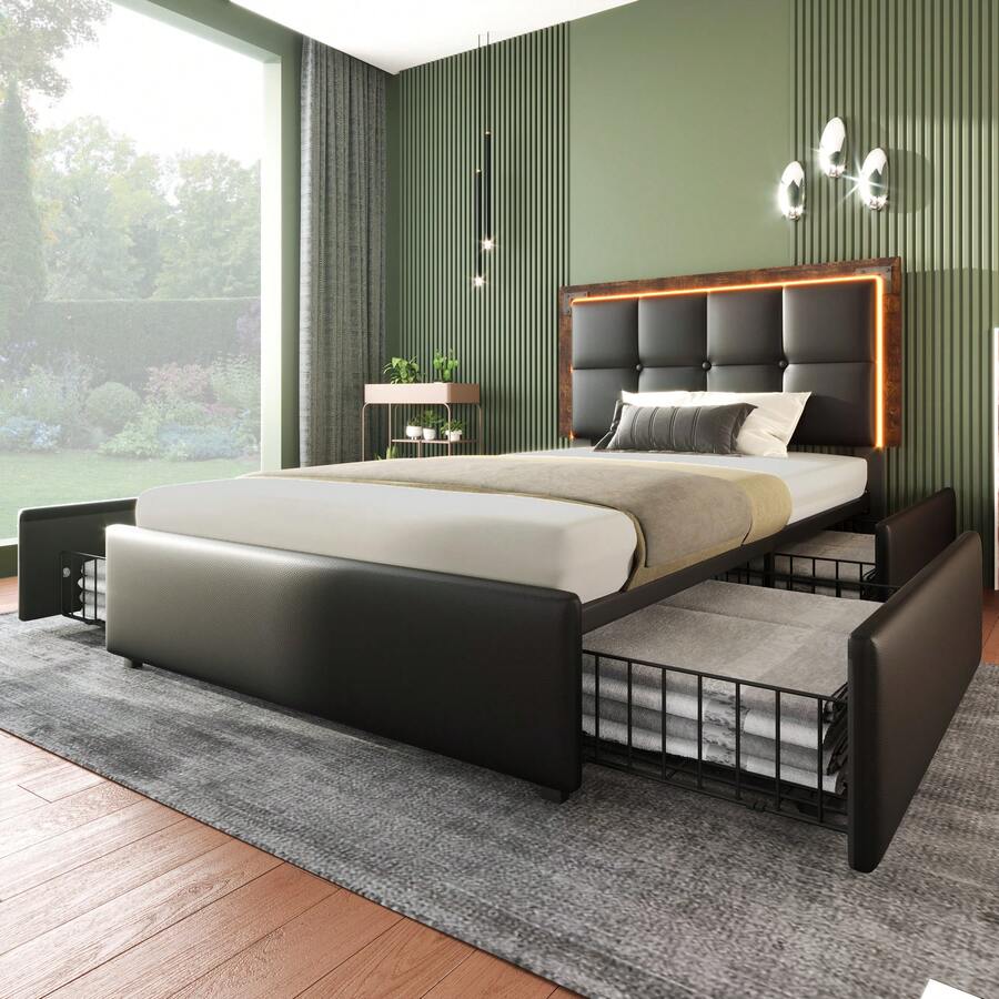 Bed Frame With LED Lighting Strip And 4 Drawers, Single Upholstered Bed 90x200cm, Height-Adjustable Headboard, Functional Bed, PU Black (Without Mattress) - Black - View 1
