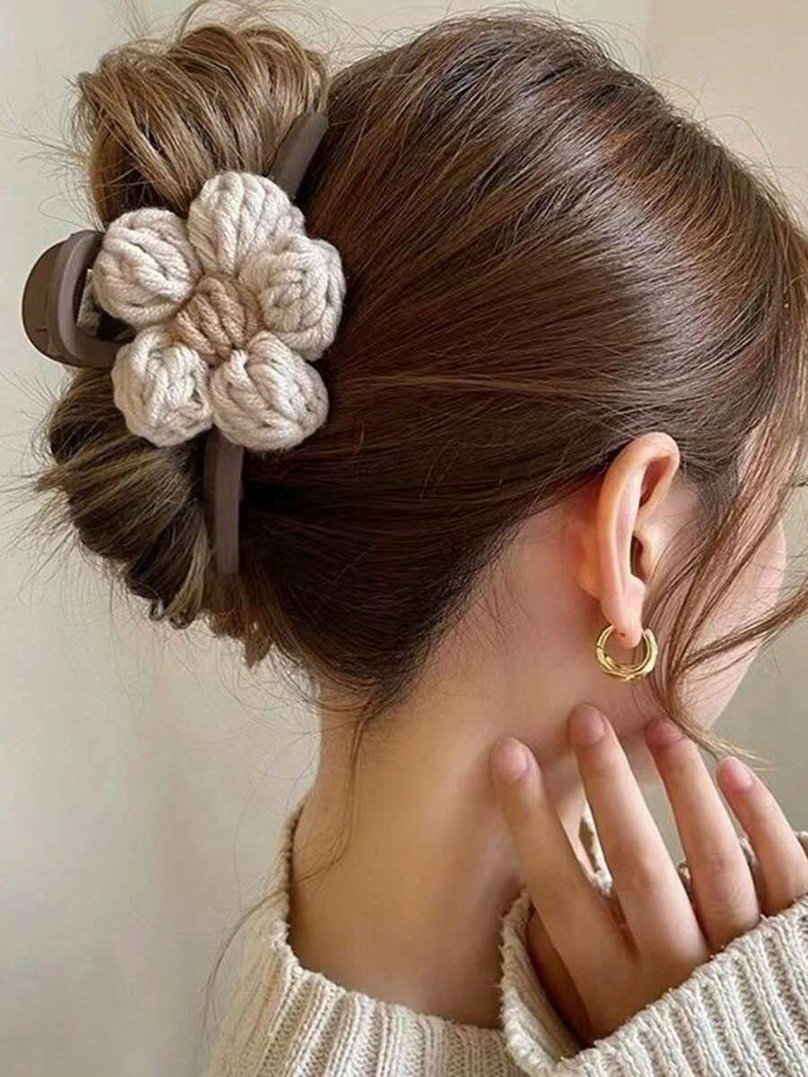 1 pieza Clip para el cabello con diseño de flor tejida, clip delgado y minimalista para moño, accesorios de playa, clip de garra para accesorios de cabello de otoño e invierno para mujer para atuendos de vacaciones, pasador de cabello, barrettes