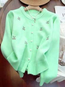 Cute Embroidered Cherry & Pearl Knit Cardigan For Women, Versatile Design, Autumn/Winter - Mint Green - View 3
