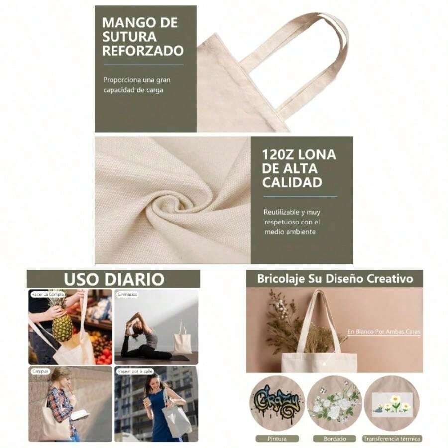 Bolsas Tote Bag Ecolgicas de Manta Cruda, Bolsa Reutilizable para Pintar y Personalizar, Robusto y Duradero, Bolsas de Lona para el trabajo, viajes y compras - 20 + 40 x 35 x 10 cm - Ver 1