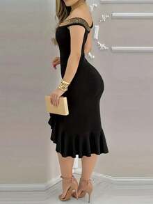 Đầm ôm sát màu đen thanh lịch dành cho nữ - Thiết kế không tay, hở lưng, xếp ly, thích hợp mặc dự tiệc, hoàn hảo cho các sự kiện mùa xuân/hè, chất liệu vải pha polyester có thể giặt máy, ôm sát cơ thể, được trang trí bằng viền sequin. - màu đen - Xem 4