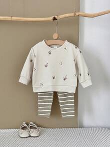 2件套女婴花卉刺绣长袖套头衫+弹力条纹裤，春秋季 - 杏色 - 查看 3