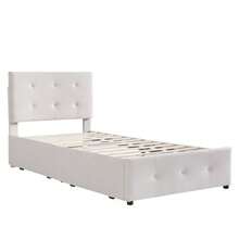 Upholstered Bed 90 X 200 Cm, Slatted Bed With Headboard And Two Drawers, Soft Velvet Fabric, Beige Single Bed, Children's Bed, Junior Bed, Guest Bed (Without Mattress) - Beige - View 5