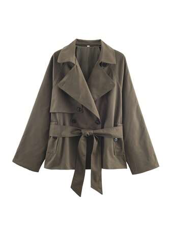 HH 女式秋季时尚外套纯色翻领长袖系带装饰单排扣女式时尚夹克